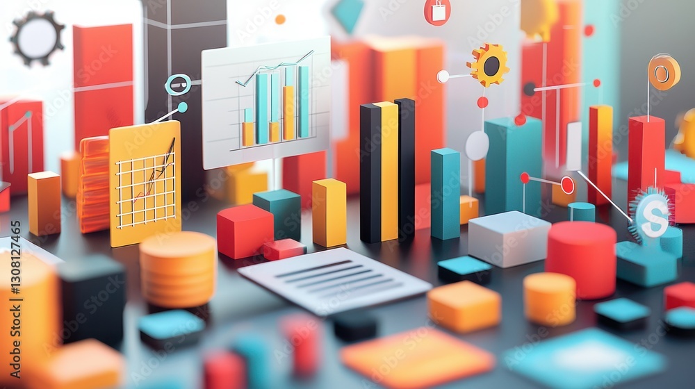 Poster A unique collection of 3D-rendered business icons, showcasing data-driven themes and tools