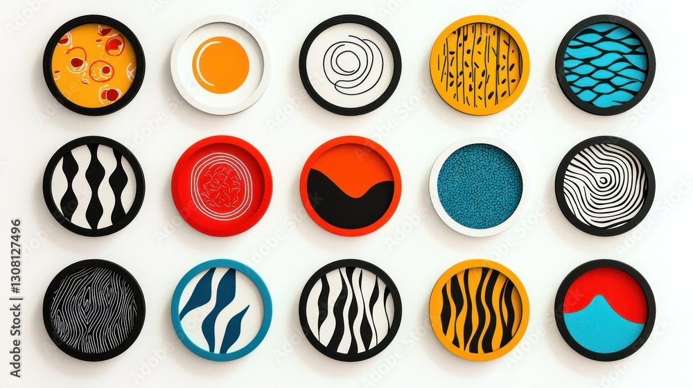 Poster A unique set of business icons within circular frames, featuring bold colors and clean designs.