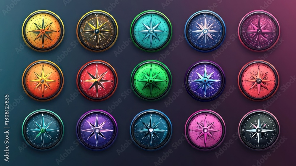 Poster A variety of colorful compass icons arranged in a circular layout over a gradient backdrop.