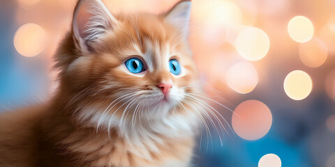 Cute ginger cat with blue eyes on blue background with bokeh -  Generated image