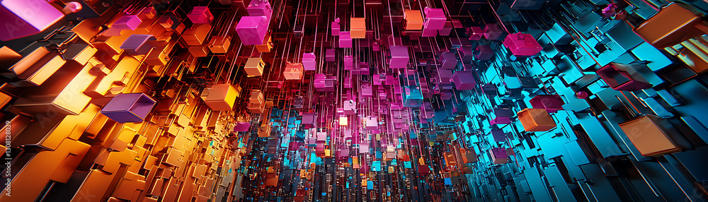 Poster dynamic colorful 3d cubes transformation abstract art installation virtual space digital environment