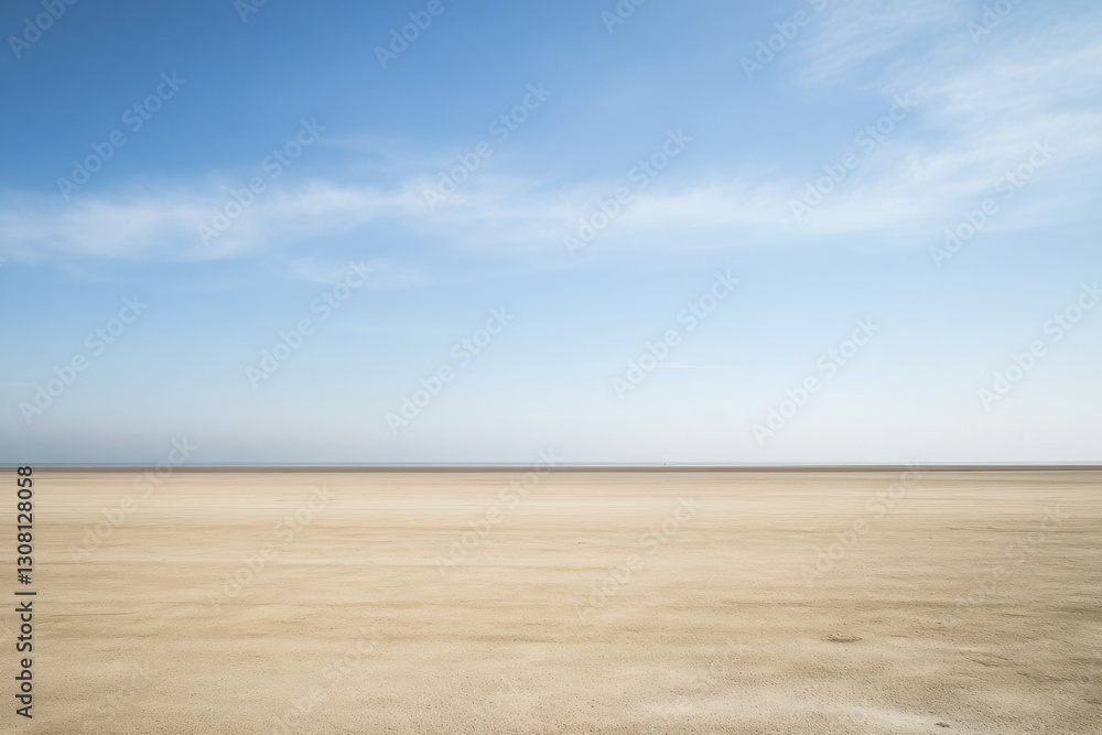 Poster Serene sunset over an empty beach with a long stretch of sand and distant horizon creating a peaceful atmosphere Generative AI
