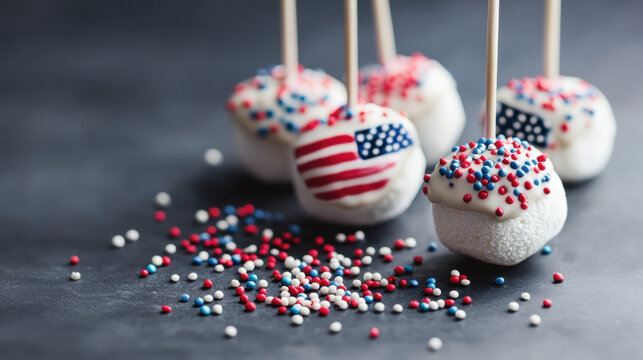 4th of July dessert. Patriotic cake pops adorned with sprinkles and American flags. - Powered by Adobe