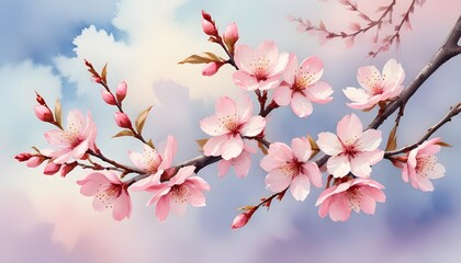 Obraz premium A vibrant watercolor painting of a blooming cherry blossom branch against a soft pastel sky, capturing the essence of spring's renewal