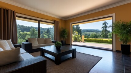 Bright and Spacious Living Room with Stunning Nature View and Modern Decor in Elegant Interior Design