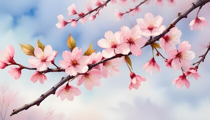Obraz premium A vibrant watercolor painting of a blooming cherry blossom branch against a soft pastel sky, capturing the essence of spring's renewal