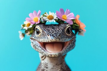Isolated ultramarine background, copy space, promotion artwork. Cute baby animal screen lizard wearing feral flower crown on its head - symbol of sunny vacation time.