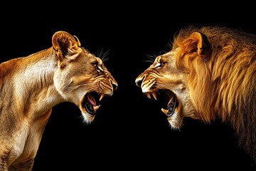 Fototapeta premium Lioness and Lion Confrontation, Wildlife, Dark Background, Powerful Animals, Nature Photography