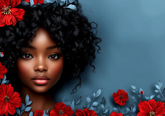 Naklejka premium Woman with curly hair is the main focus of the image. The background features a blue and red flower arrangement, which adds a pop of color and a sense of freshness to the scene