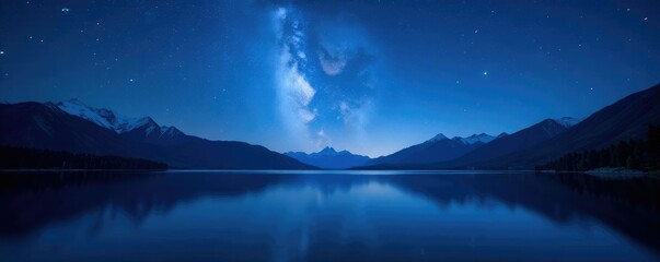 A sparkling lake under a clear blue starry sky at night, clear, sparkling