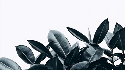 Lush dark green leaves against white background; nature, botany, minimalist design, website banner