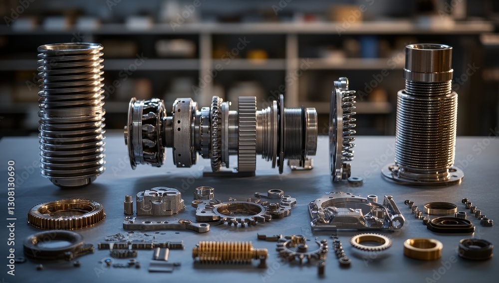 Poster detailed assembly of precision machine parts in a workshop environment showcasing gears, cogs, and m