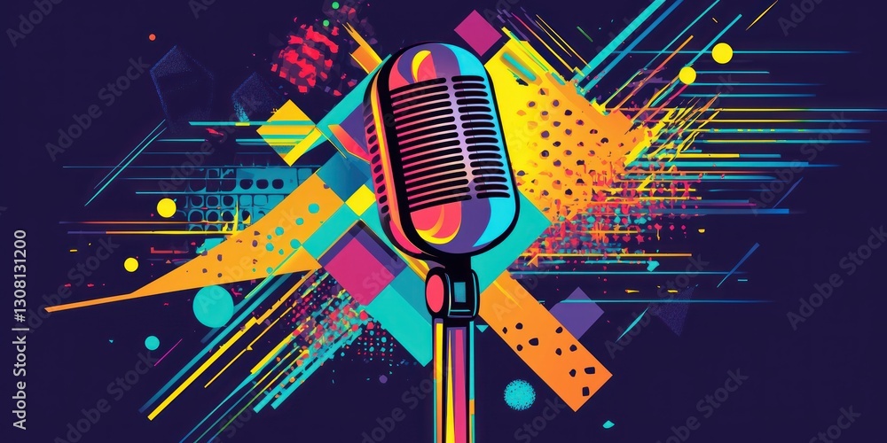 Poster A vibrant vector design of a microphone with colorful geometric shapes and text space.