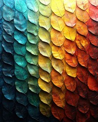 Obraz premium A vibrant close-up of a textured wall adorned with an array of colorful leaves in various shapes and sizes, showcasing rich greens, yellows, and reds, creating a lively, natural tapestry.