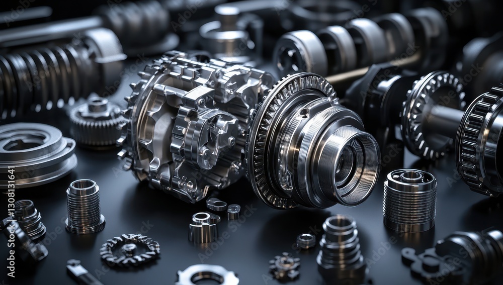 Poster detailed close-up of precision engine components and mechanical parts with a reflective surface for 