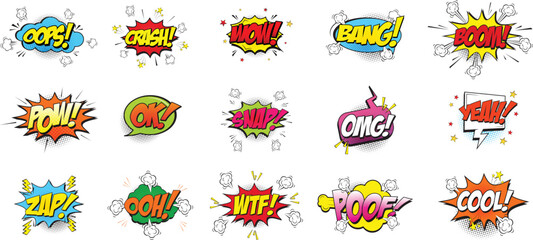 Set of comic bubble speech clouds. Onomatopoeia. Cartoon oops, crash, wow, bang, pow, snap, omg, yeah, wtf and cool comic sign vector set