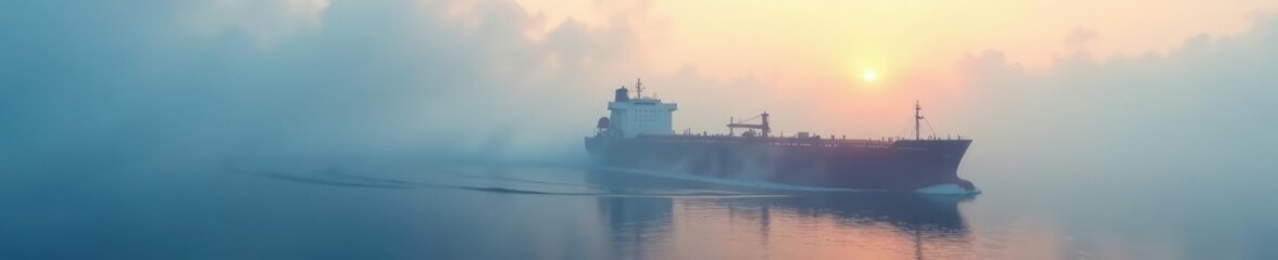 Obraz premium Fog swirls around ship hull as it navigates through dense mist, tanker, foggy, maritime