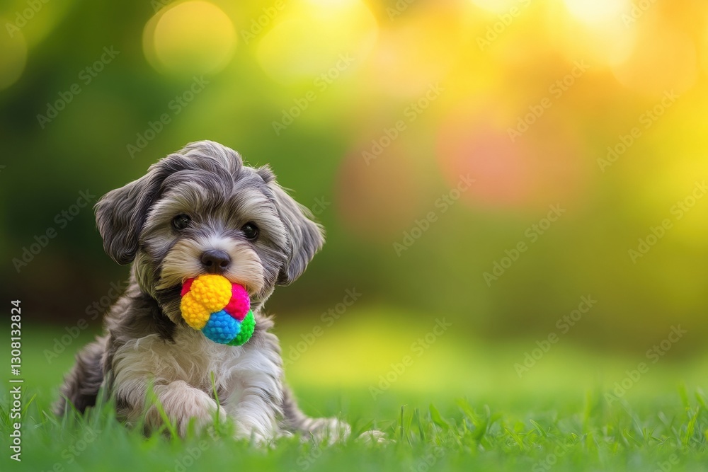 Poster playful puppy enjoys colorful chew toy on sunny grassy meadow in calm natural light generative ai