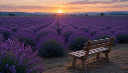 Serene Sunset over Lavender Fields: Peaceful Bench in Provence