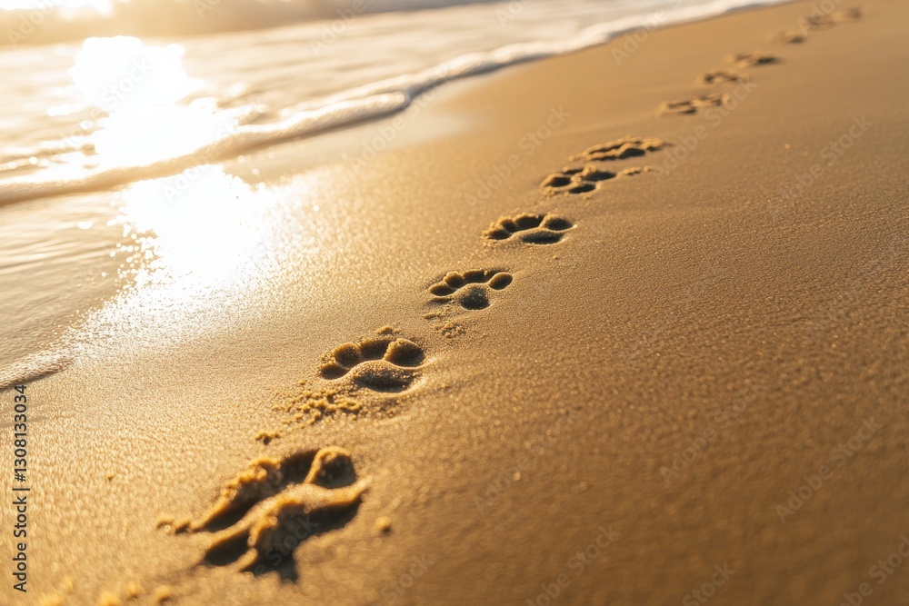 Poster dog paw prints on golden sand along the beach with soft waves under sunlight generative ai