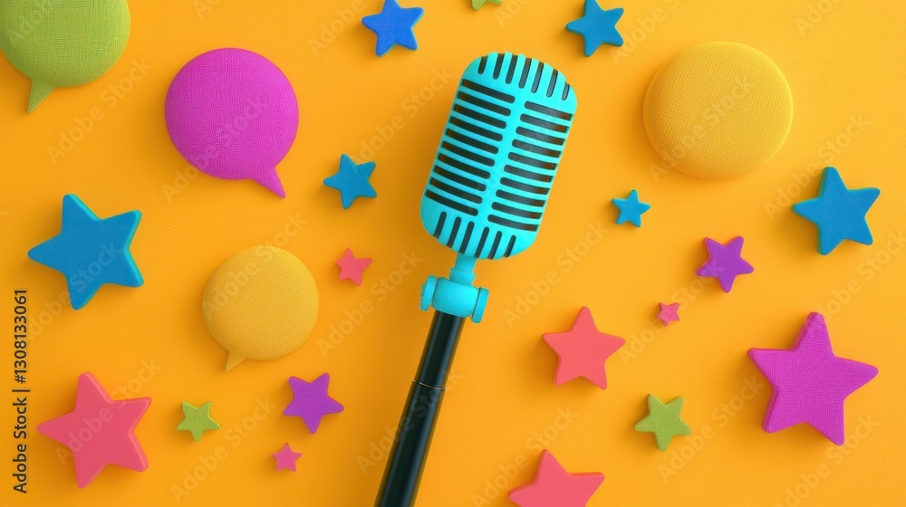 Poster A whimsical illustration of a microphone with speech bubbles and stars floating around it.
