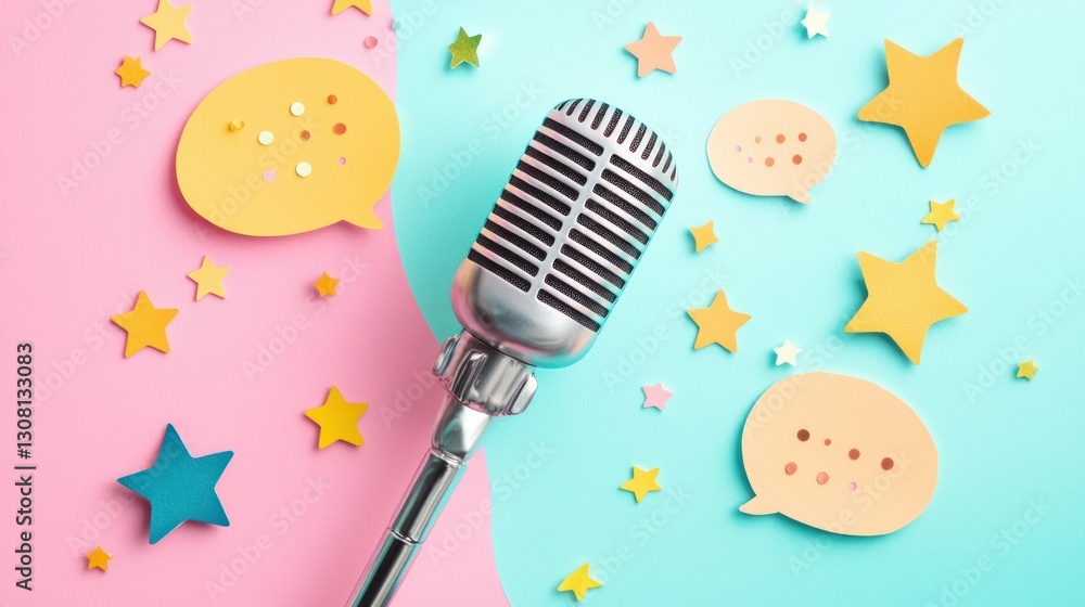 Poster A whimsical illustration of a microphone with speech bubbles and stars floating around it.