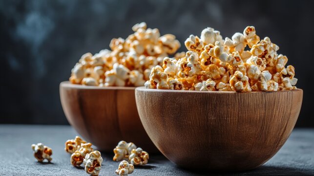 Three wooden bowls filled with caramel popcorn offer a sweet and crunchy treat, 32k Resolution