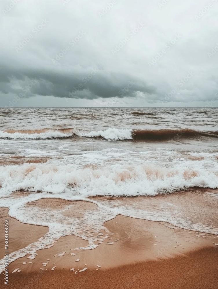 Poster Lonely seashore with gentle waves under an overcast sky and open space for text Generative AI