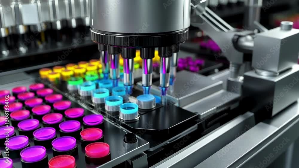Poster high tech robotic system precisely filling vibrant vials with liquid, showcasing automation in scien