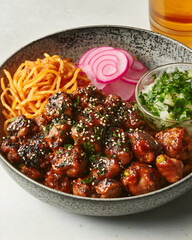 Delicious Teriyaki Chicken Bowl with Sweet Potato Fries, Radishes, and Cilantro - A Realistic Food Photo