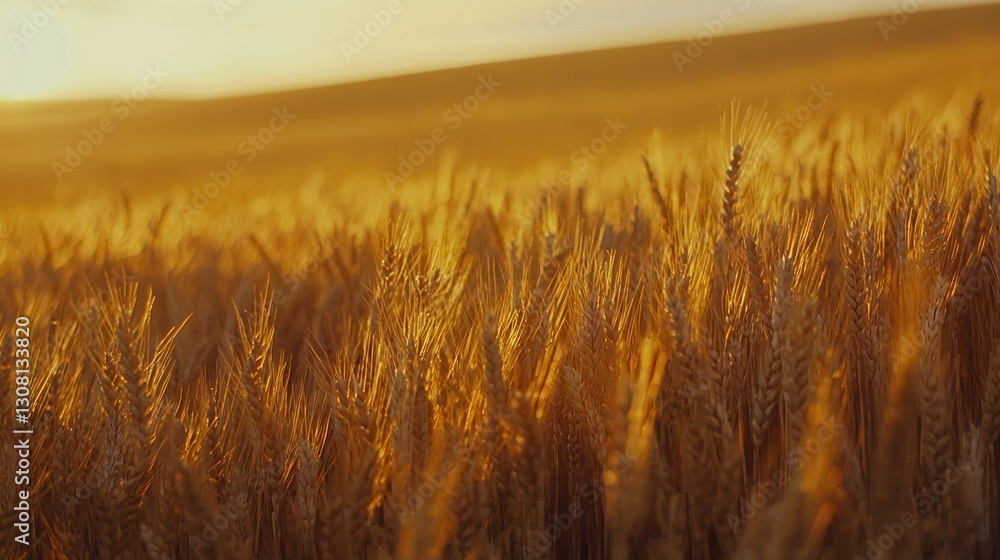 Poster a wide-open field of wheat glowing under the soft golden hues of a setting sun.