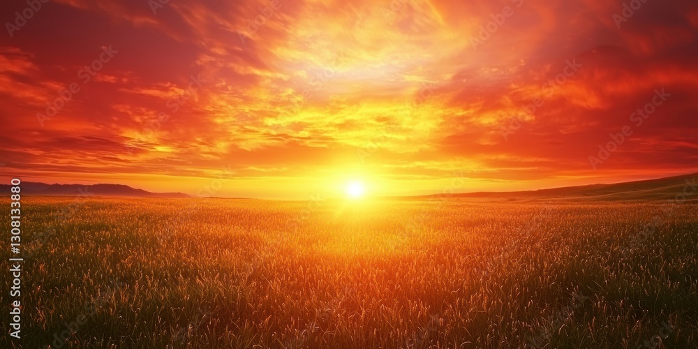 Aufkleber a wide-open field with the sky awash in intense shades of orange and red during sunset