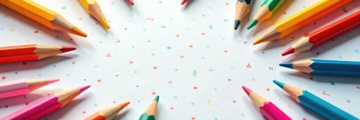 Naklejka premium Pencils scattered on a plain notebook page in random order, chaotic, disorganized, pencils