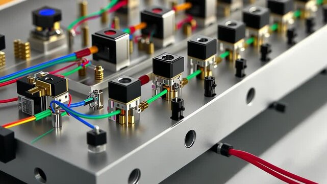 Closeup image focusing on the connection interfaces of the electrochemical system revealing meticulously labeled ports for various electrodes and sensors. Each connector is surrounded
