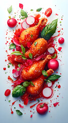 Vibrant Food Illustration: Sesame Chicken Drumsticks with Radishes and Basil
