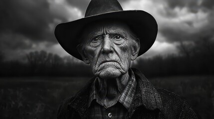 Fototapeta premium Aged Man in Cowboy Hat Staring Intensely at Moody Cloudy Background