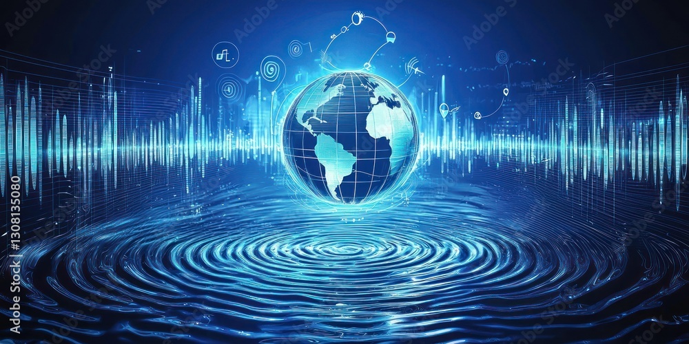 Poster An abstract design showing a globe surrounded by ripples and interconnected podcast themes.