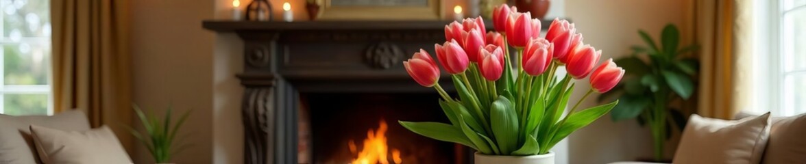 Fototapeta premium Elegant tulips arrangement on fireplace mantel in cozy living room, plants, home decor