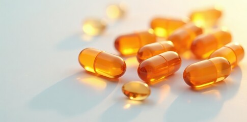 Shining Vitamin E Capsules on White Background, light, glow, shine
