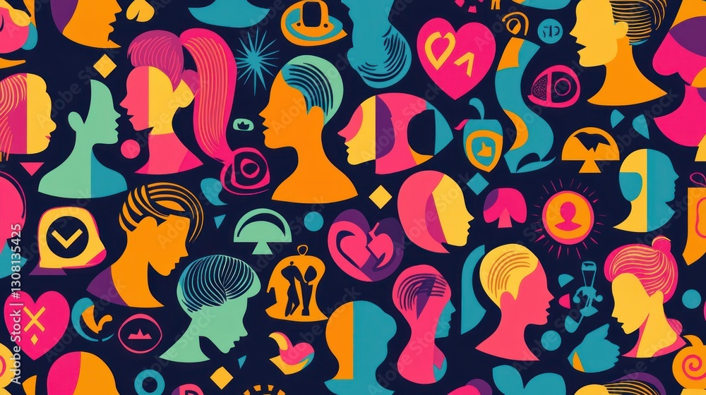 Poster an abstract international womenâ€™s day pattern showcasing colorful, dynamic symbols of progress.