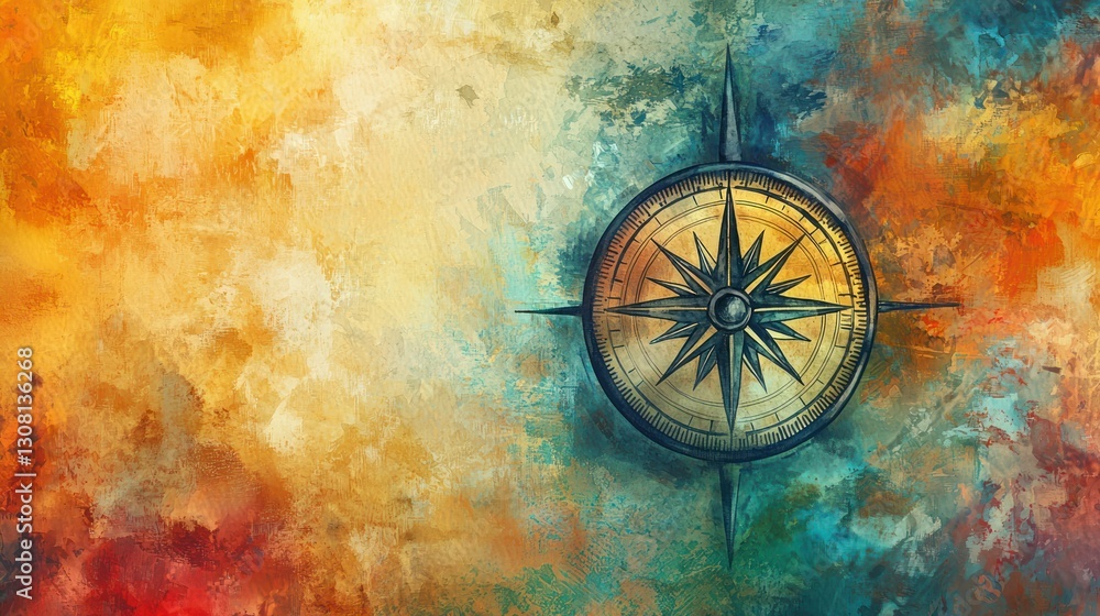 Poster an artistic interpretation of a compass with a watercolor background.