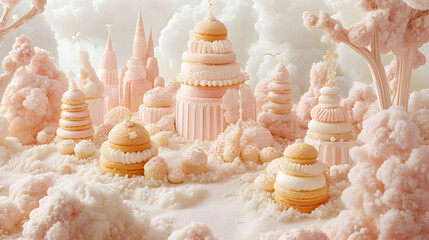 Fototapeta premium Pastel pink fantasy city, sweet treats, clouds