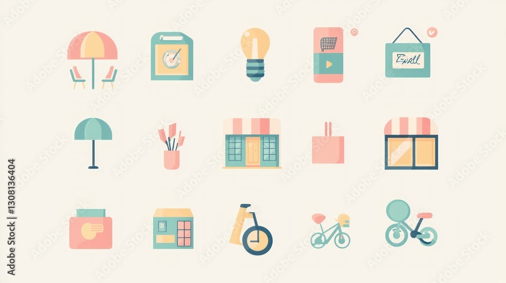 Poster an assortment of small-scale business icons in soft pastel colors, designed for local enterprise bra