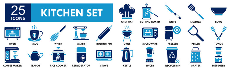 Naklejka premium Kitchen Set icon collection set. Containing design kitchen, food, white, isolated, set, cooking