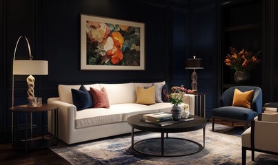 Fototapeta premium Elegant living room with dark blue walls, cream sofa, and patterned rug.