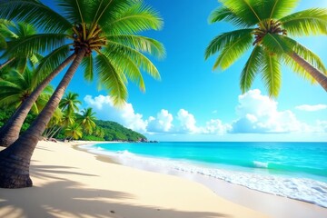 Colorful tropical beach scene with palm trees, waves, and clear blue sky, sunshine, paradise, vacation