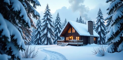 Fototapeta premium Snow-covered trees surrounding a cabin with smoke rising from the chimney, winter, cold
