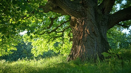 Fototapeta premium an oak tree trunk, showcasing its textured bark.