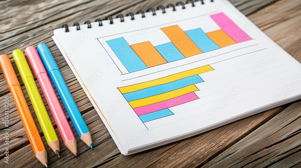 Poster a colorful graph displayed in a notebook next to vibrant colored pencils on a wooden surface.