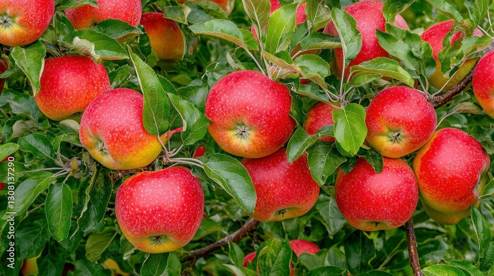 Poster an orchard full of apple trees with ripe red apples hanging from the branches.